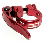 The SD Quick Release Seat Clamp is a red clamp with a lever and bolt, featuring "SD" on the side, designed by SD Components for easy seatpost adjustments.