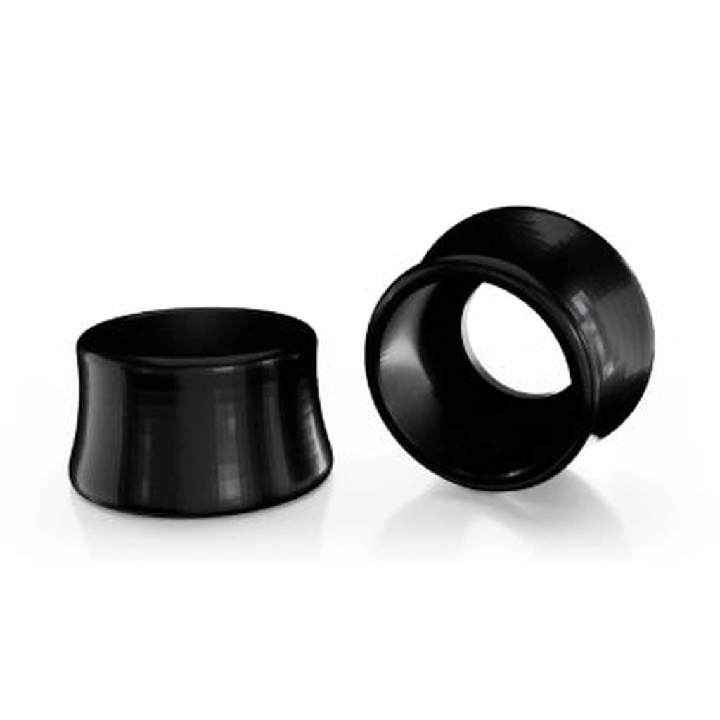 Two black, flared silicone ear tunnels are displayed on a white background—one upright, the other on its side—featuring a sleek design reminiscent of SD-X Sniper Evo 10mm Bolt Caps.