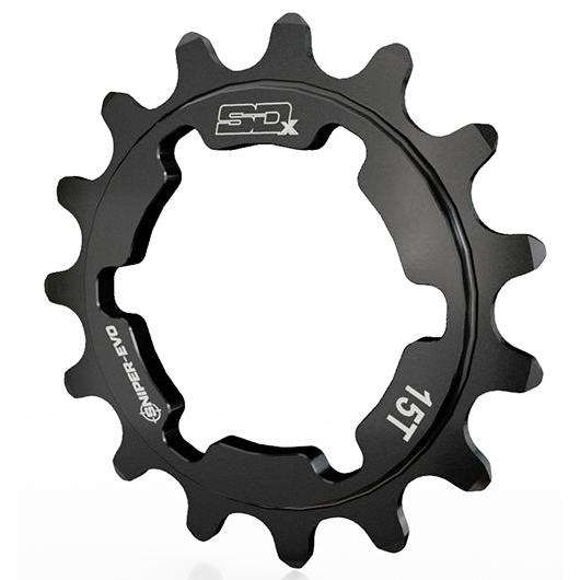 The SD-X Sniper Evo Cog Alloy Black is a black 15T BMX racing cog made from durable 7075 aluminium, featuring engraved text, an irregular-edged central cutout, and compatibility with Sniper Evo rear hubs.
