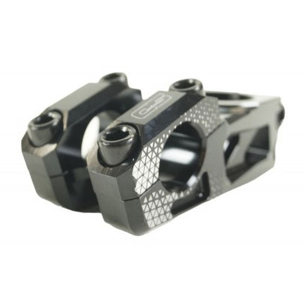 A black and metallic gray SD Pro CNC 1 1/8 Stem with a geometric pattern on one side, showing multiple bolt holes and a clamp area for attachment.