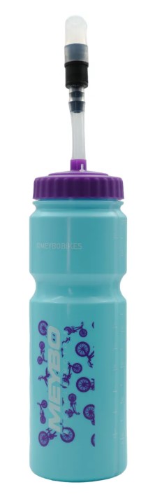 SD and Meybo Water Bottle With Straw 26.5 in the light blue Saya colourway, featuring a purple cap, extended straw, and purple bicycle graphics.
