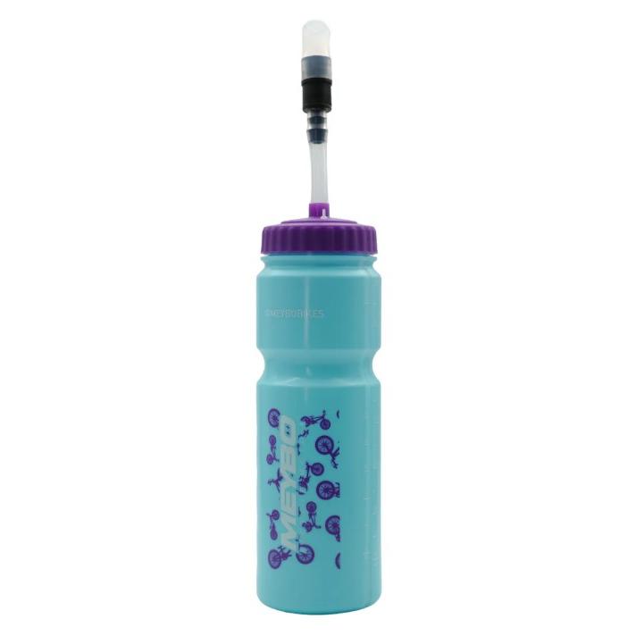 SD and Meybo Water Bottle With Straw 26.5 in the light blue Saya colourway, featuring a purple cap, extended straw, and purple bicycle graphics.