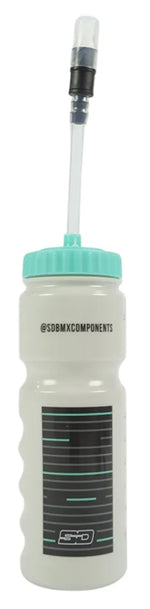 The SD and Meybo Water Bottles With Straw (2026 Colours) is a 700ml white sports bottle with a teal cap, long straw attachment, and black/teal "@SDBMXCOMPONENTS" graphics—ideal for your rehydration needs.