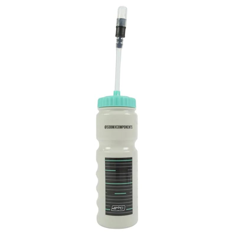 The SD and Meybo Water Bottles With Straw (2026 Colours) is a 700ml white sports bottle with a teal cap, long straw attachment, and black/teal "@SDBMXCOMPONENTS" graphics—ideal for your rehydration needs.