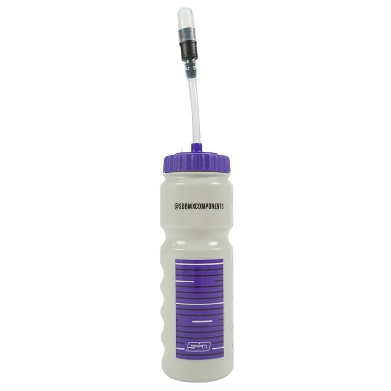 The SD and Meybo Water Bottles With Straw (2026 Colours) feature a 700ml white plastic bottle with a purple lid, purple graphics, measurement scale, and long top-attached straw—ideal for your favorite rehydration solution.
