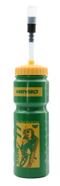 SD and Meybo Water Bottle With Straw 26.5 in the green Saya colourway, featuring a yellow cap, straw, and a yellow cyclist graphic.