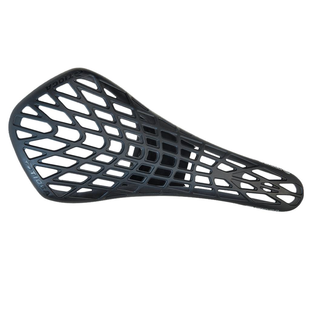 The Tioga D-Spyder Combo Seat - EVO Airofloat is a black BMX racing saddle featuring an open, lattice-style design for ventilation and a lightweight feel; shown from above on white, it pairs well with a carbon seatpost.