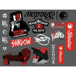 The "Shadow How Free We Are Sticker Pack" features various "Shadow" themed stickers with logos, text, and a suited figure with a TV for a head, promoting a rebellious and anti-establishment message.