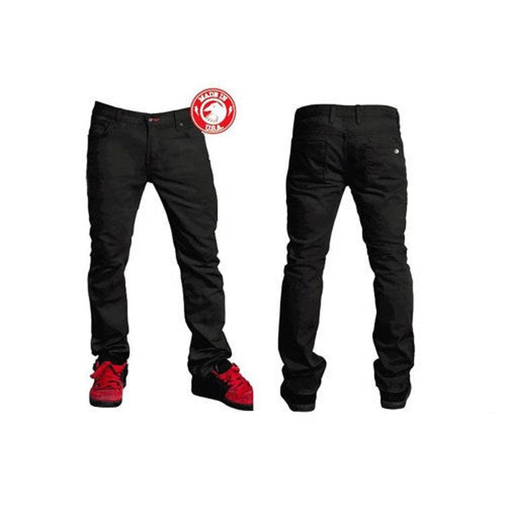 Front and back view of Shadow Vultus Skinny Jeans worn by a person with red and black shoes. "Made in USA" logo is visible in the top left corner.