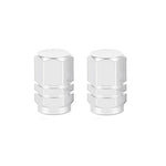 Hexagon Valve Caps (Pair): Two silver, hexagonal valve caps with a grooved middle section, placed side by side on a white background, add color and style to your ride.