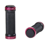 Two Sinz Mini Lock On BMX Grips in black, featuring red metal end caps. Shown upright and on their side, these textured grips provide a secure, stylish upgrade for any race bike.