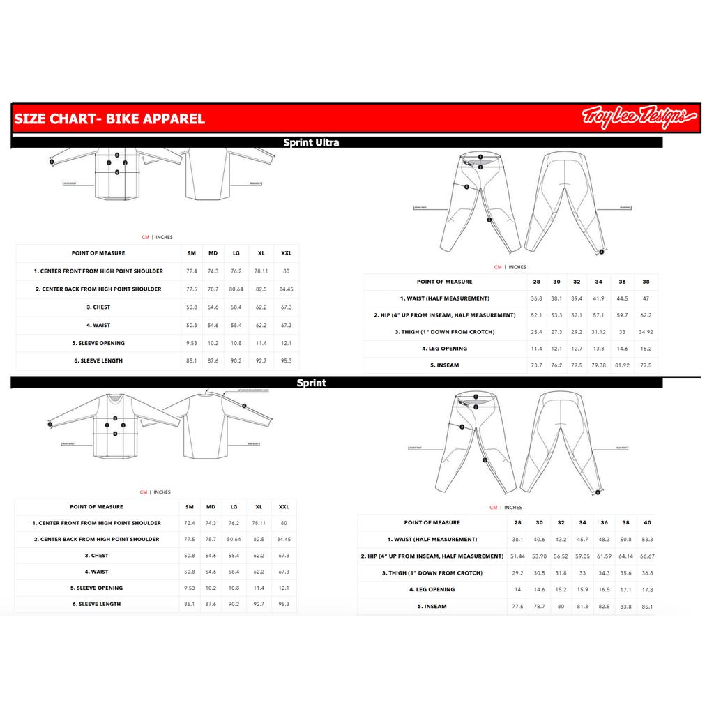Size chart for Troy Lee Designs TLD 26.1 Sprint Ultra Jersey (Proton White) with measurements in inches/cm, including moisture-wicking Ultra Knit fabric details and diagrams for Sprint Ultra/Sprint tops and bottoms.