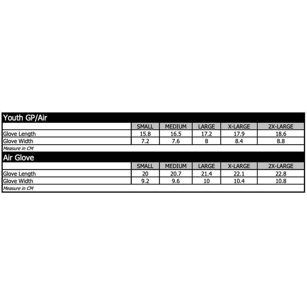 Size chart for TLD 26.1 Air Glove / Overspray White/Violet Youth, detailing ergonomic fit. Includes glove length and width in centimeters for sizes Small to 2X-Large.