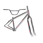 Skyway 26 Inch Frame/Forks/Bars Kit with Chromoly Teardrop Tubing, fork, and handlebars, features red and blue decals. Displayed on a white background.