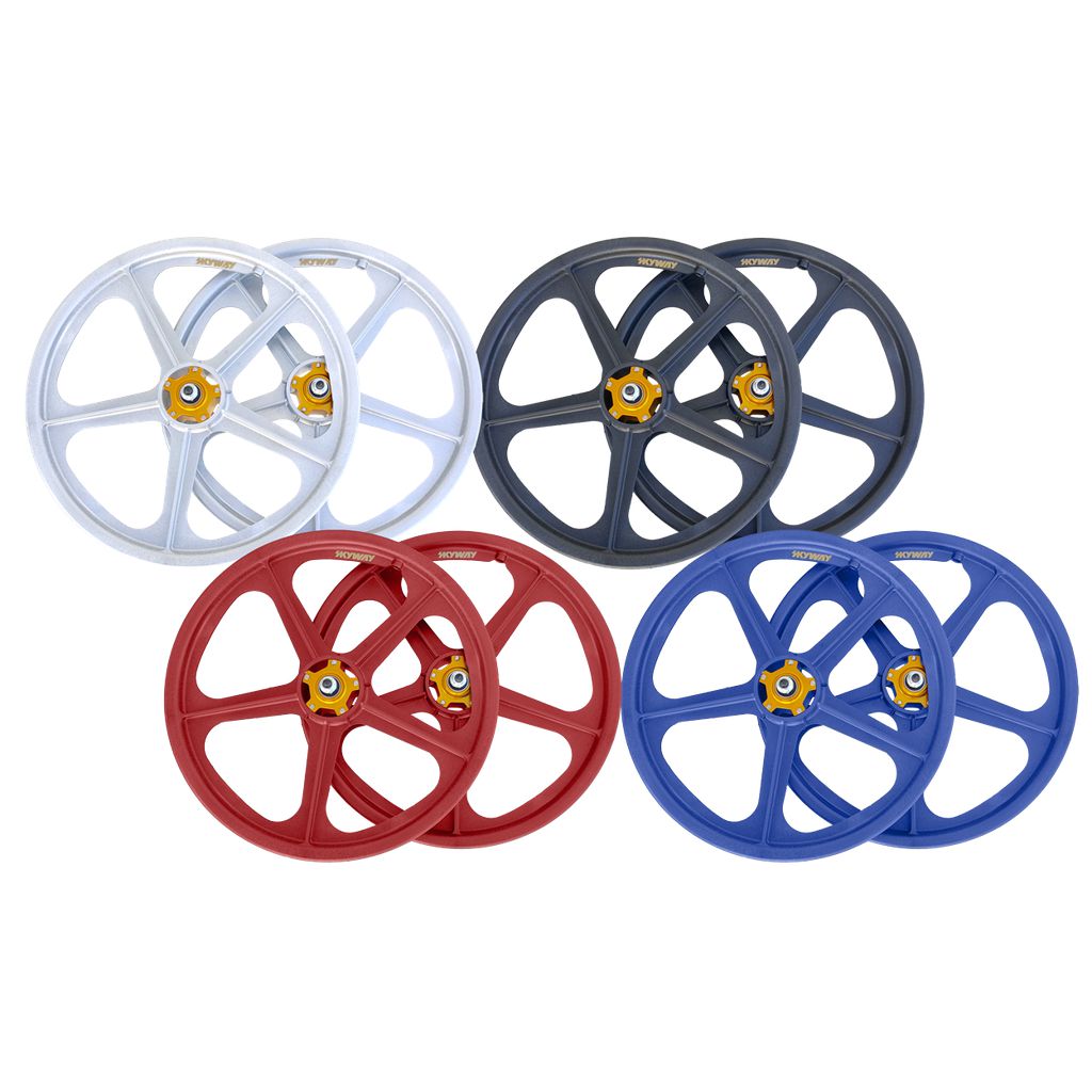 Introducing the Skyway Tuff II Rivet 20 Collectors Edition Wheelset: a set of six vibrant bicycle wheels available in white, black, red, and blue. Ideal for BMX bikes or retro rebuilds, each wheel features a sleek five-spoke design and a striking yellow and silver center hub.
