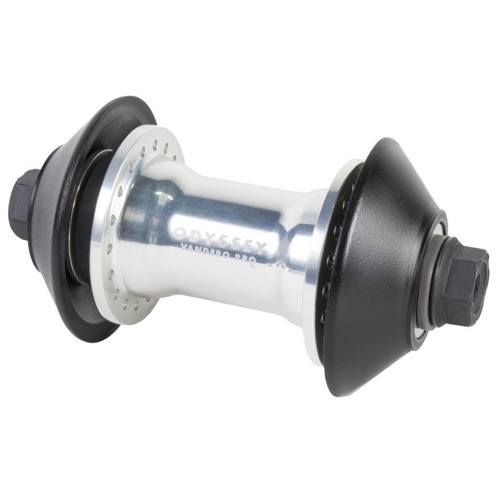 A silver Odyssey Vandero Pro Front Hub with black-compatible hub guards on both sides and sealed bearings, shown against a white background.