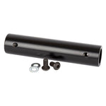 The S&M Connector Tube Slide Pipe Rail, a cylindrical black metal adapter with corrosion resistance and two side holes, comes with two washers and screws, set against a white background.