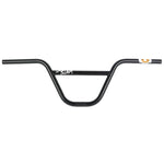 The S&M Grand Slam Bars are black BMX handlebars made from durable 4130 CrMo steel, featuring a crossbar and logo on the side, elegantly set against a plain white background.