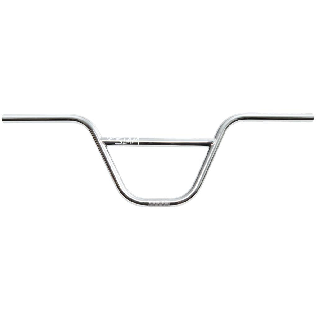Experience the stylish S&M Grand Slam Bars with their sleek chrome design, featuring an 8.25" rise and a wide, curved aesthetic. These handlebars are crafted from durable 4130 CrMo and come with a robust central support bar for strength and style on any ride.