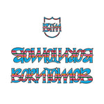 The S&M Hoder BTM Frame Decal Set features a vibrant, colorful mirrored text design with "BORNTORUN" in a stylized font and a decorative "BTM" shield above it, adding a sleek touch to any surface.