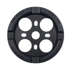 The S&M Mid School Guard Sprocket is a black, circular sprocket with four large holes and engraved “SSM BIKES” and “MADE IN USA” text around the edge, shown from above on a white background. A durable bashguard sprocket for your bike.