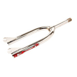 The S&M Original Threaded Fork 1991-96 features a silver design with striking red and black decals on the sides, providing a sleek appearance.
