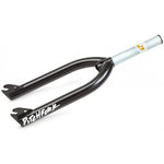 The S&M Pitchfork Shoop Soiled is a black and silver 4130 CrMo BMX fork featuring "PITCHFORK" in white on one leg, a logo sticker on the steerer tube, and USA-made quality.