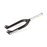 The S&M Pitchfork XLT 18 Inch Fork is a black BMX fork with white text on one leg, featuring laser cut dropouts and constructed from durable 4130 CrMo, paired with a silver steering tube.