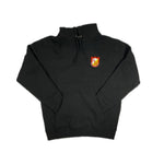 The S&M Shield Pullover Hoodie is a black, premium heavyweight style featuring a front pocket and a red and yellow "SM" crest shield on the left chest. Made from ring-spun cotton with a cozy fleece-lined hood.
