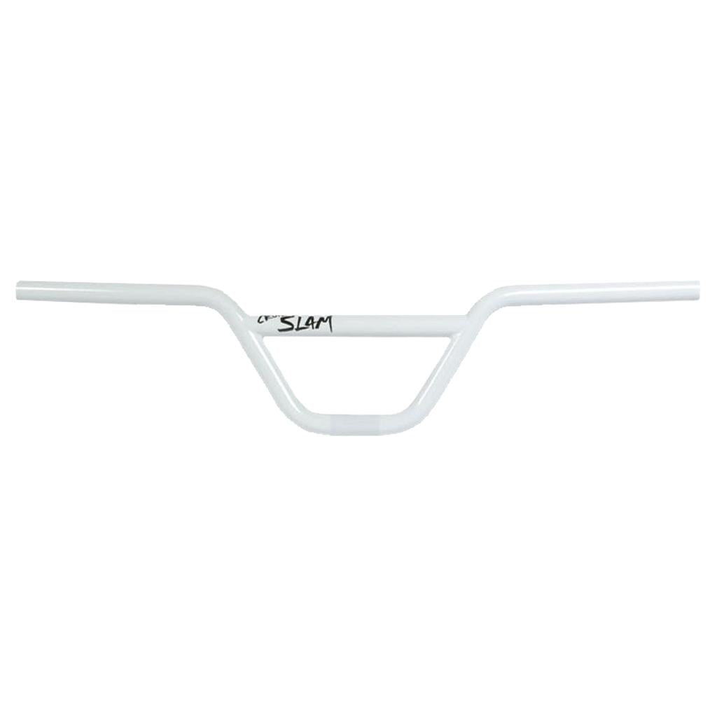 The S&M Slam Cruiser Bars are white bicycle handlebars made from 4130 CrMo, with a straight design and a horizontal crossbar near the grip ends for improved handling.