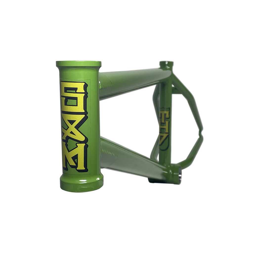 Introducing the S&M THD Street Frame: a green BMX bike frame showcasing a ThermalX downtube, highlighted with yellow and black graphics on the head tube for enhanced style. This street frame is equipped with heat-treated dropouts, guaranteeing durability and performance for all your urban adventures.