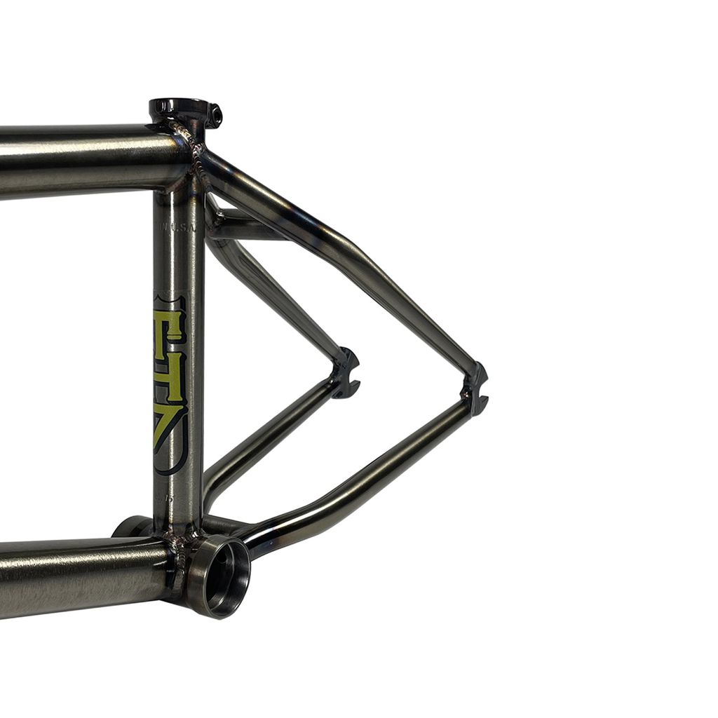 Close-up of an S&M THD Street Frame displaying its metallic frame with the logo prominently visible on the side, highlighting the rear triangle and bottom bracket area, enhanced by heat-treated dropouts.