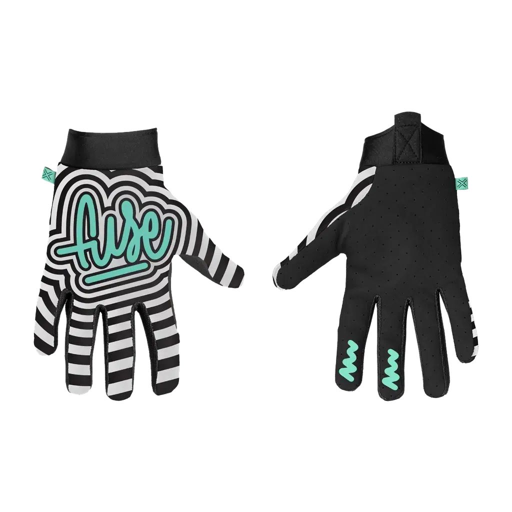 A pair of Fuse Omega Sonar Gloves in black and white, designed for optimal performance and aesthetics. The gloves feature the word "ayy" on them.