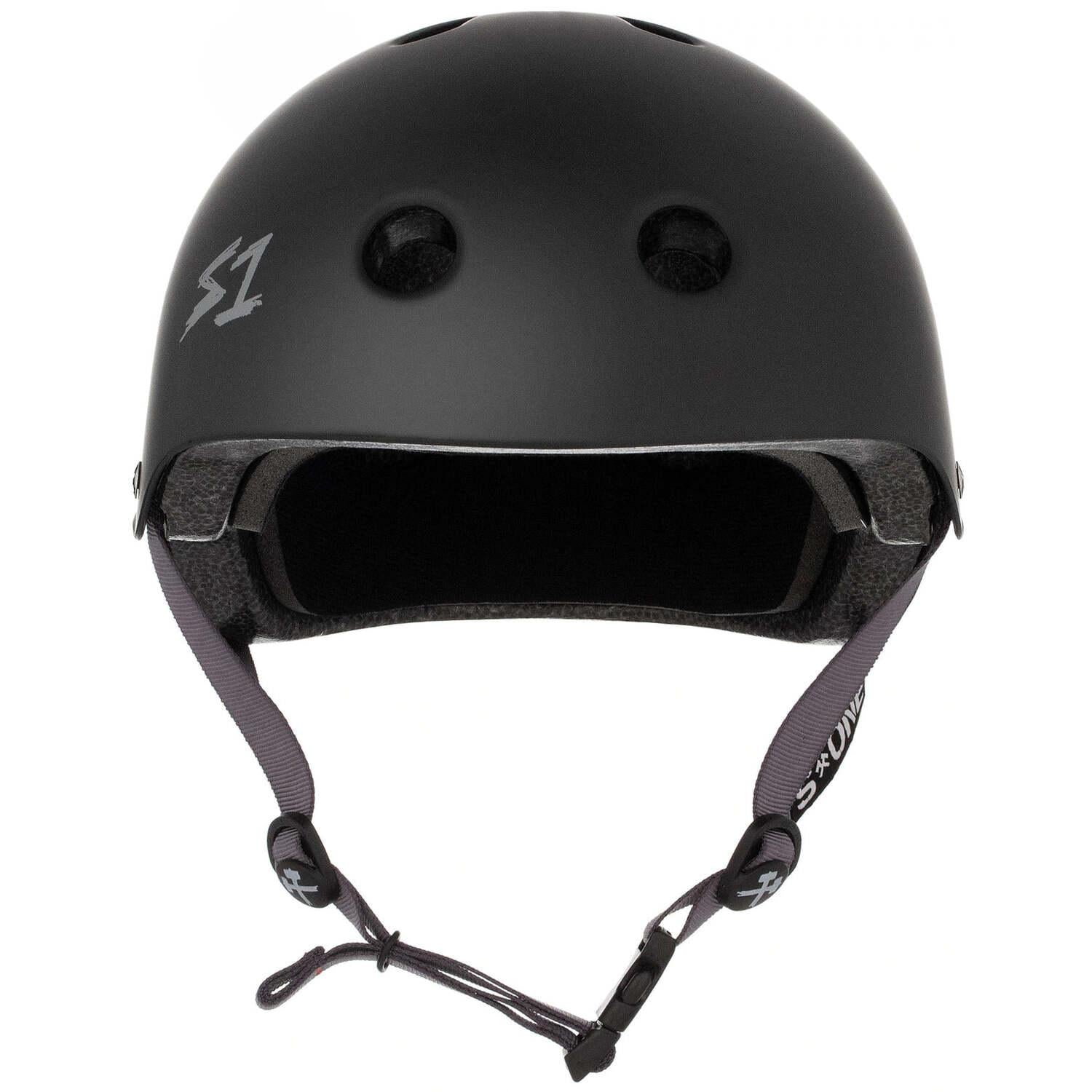 The S-One Lifer Helmet in Black Matte with Grey Straps offers certified multi-impact protection, ventilation holes, secure chin straps, and a small logo on the front left side.