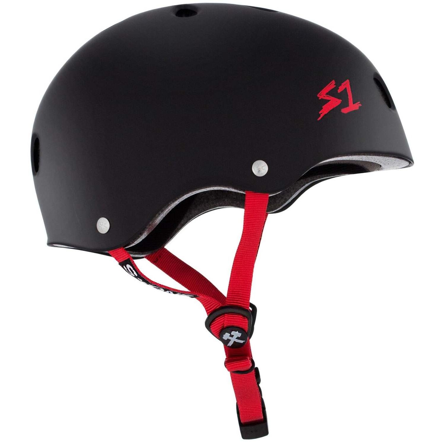 The S-One Lifer Helmet in Black Matte features red straps and logo, providing certified multi-impact skate safety.