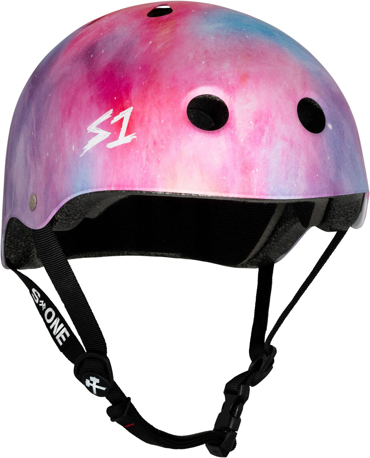 A pink and purple gradient S-One Helmet Lifer Cotton Candy with a white "S1" logo, featuring air vents and an adjustable black chin strap. This multi-impact helmet combines style and safety for any skateboarding adventure.