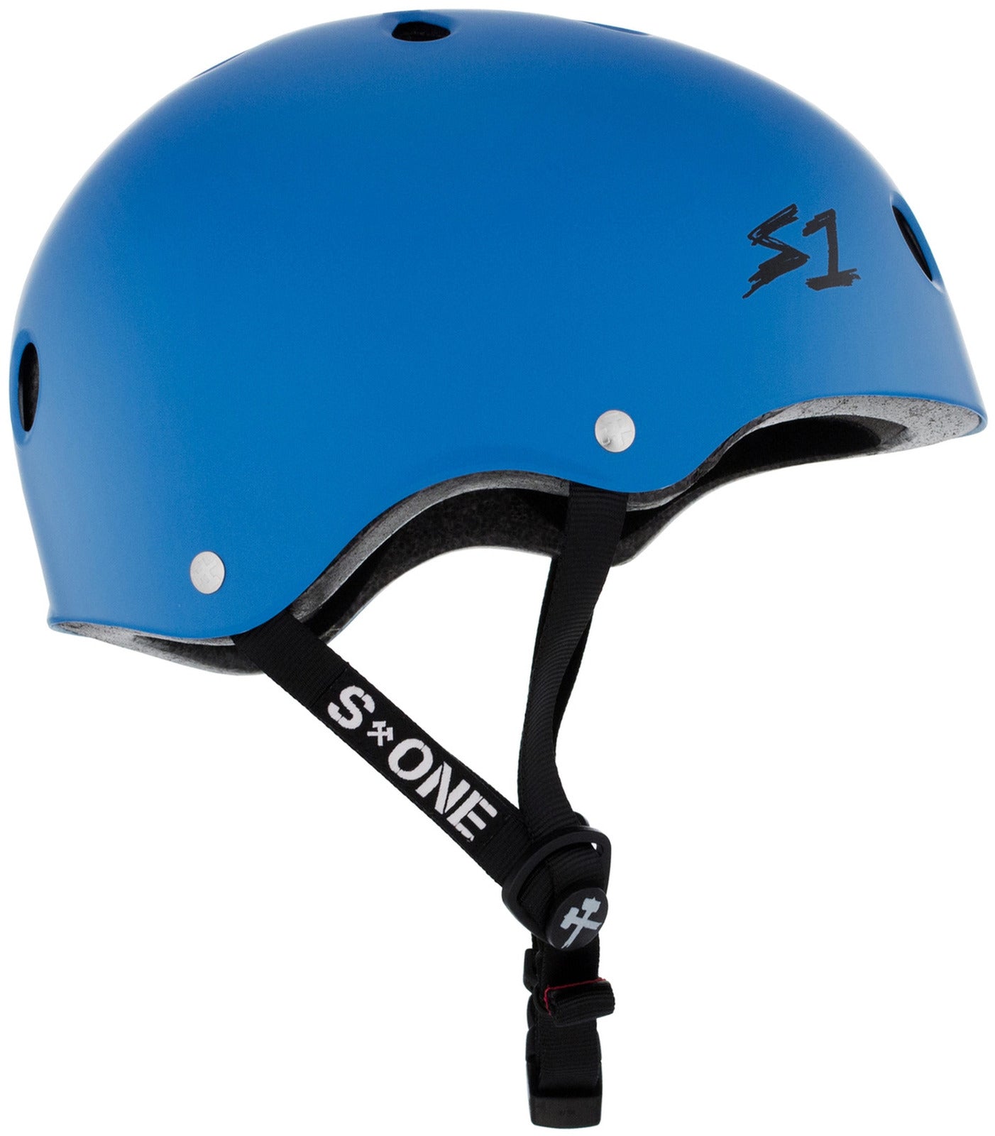 Image of a blue S-One Helmet Lifer Cyan Matte with multiple ventilation holes and a black adjustable strap featuring the S1 logo.