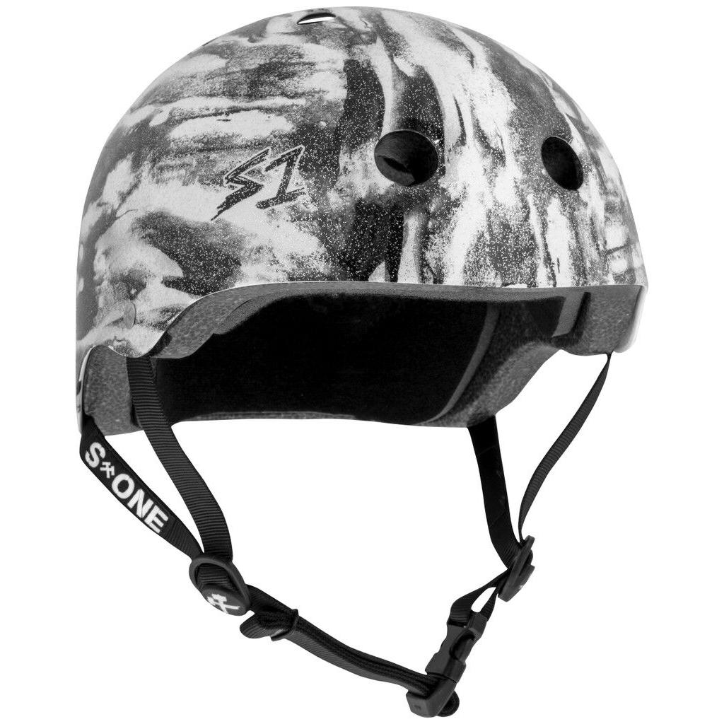 The S-One Lifer Helmet in Black White Glitter/Bomba Hache features ventilation holes, an adjustable chin strap, and certified multi-impact protection for skating.