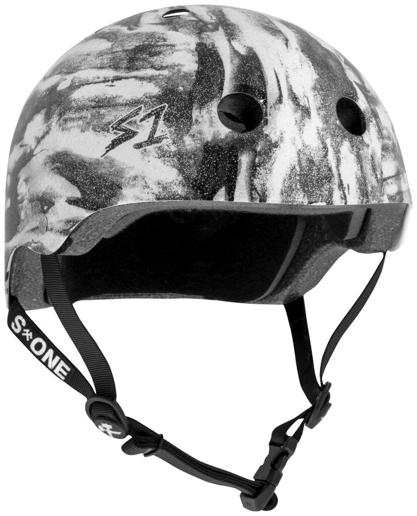 The S-One Lifer Helmet in Black White Glitter/Bomba Hache features ventilation holes, an adjustable chin strap, and certified multi-impact protection for skating.