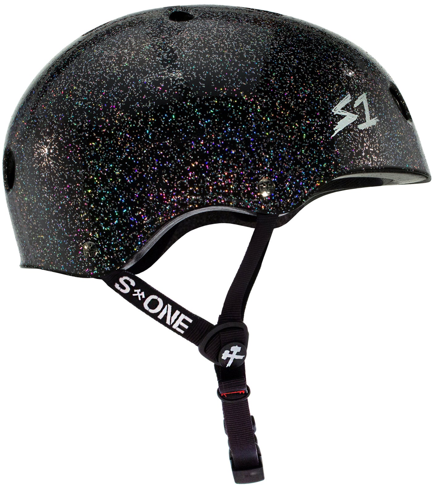 A S-One Helmet Lifer Black Gloss Glitter with a chin strap, the logo "S1" on the side, and Australian-certified helmet standards, comes with free sizing kits.