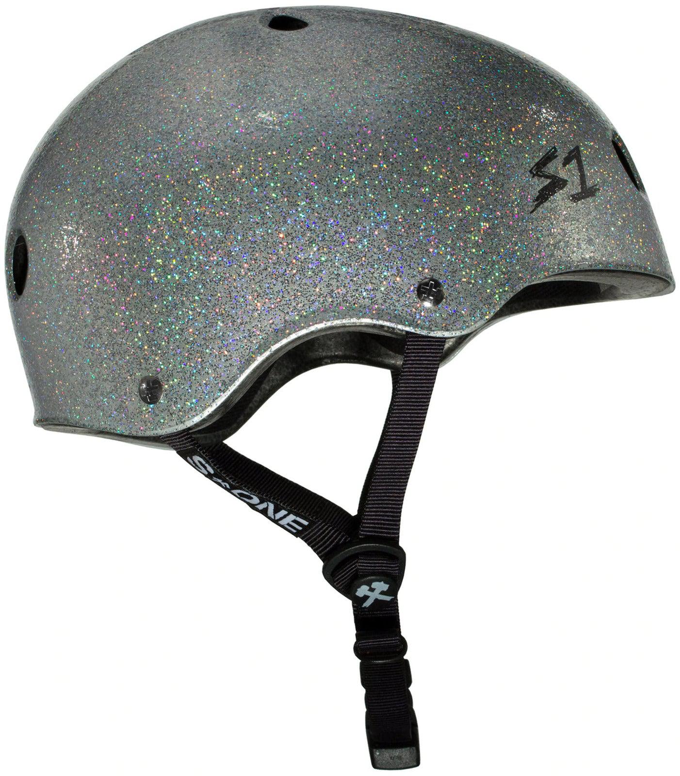 A S-One Helmet Lifer Silver Glitter with black straps and multiple ventilation holes, this Australian-certified helmet ensures both safety and style.