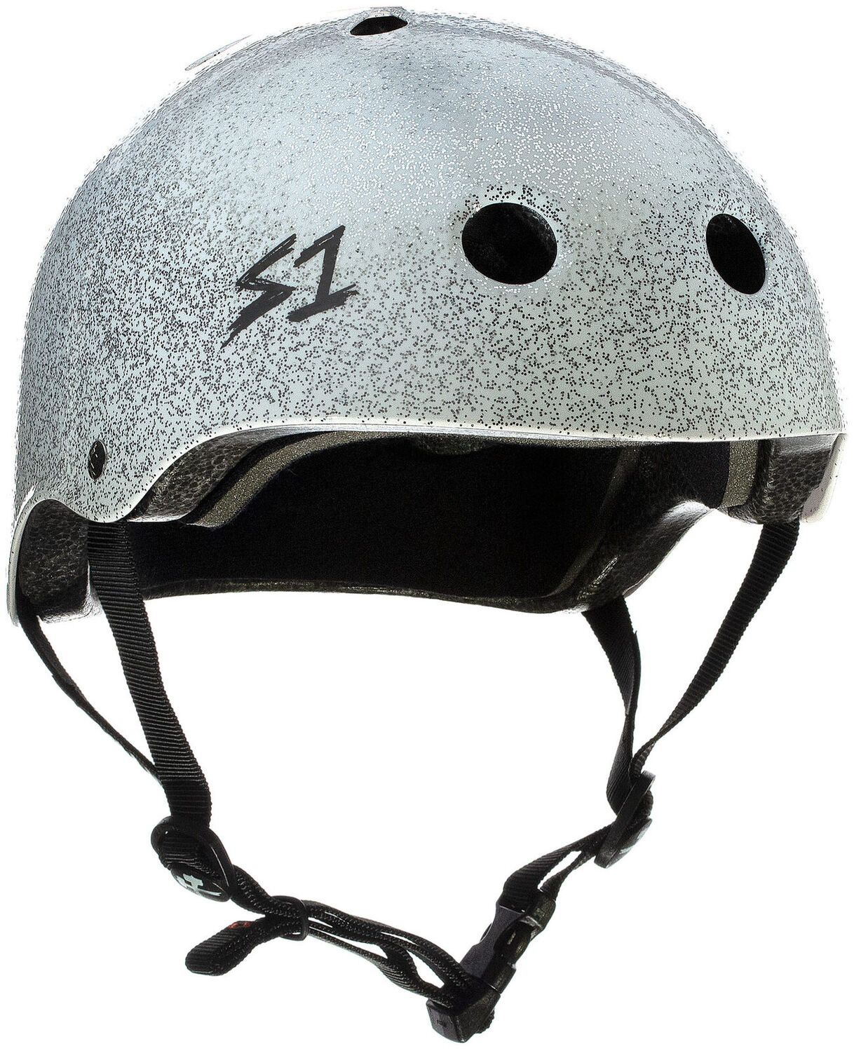 The S-One Lifer Helmet in White Glitter features black padding, ventilation holes, an adjustable chin strap, and a side "S1" logo. Designed for action sports, it offers multi-impact protection for superior safety.