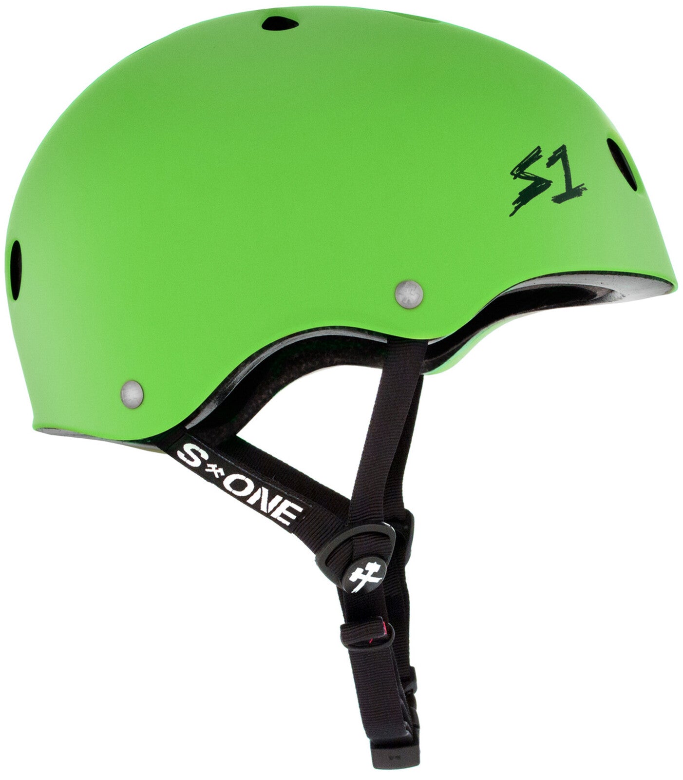 The S-One Lifer Helmet in Bright Green Matte is a certified skate helmet featuring black adjustable straps and ventilation holes, shown from a side angle for superior head protection.