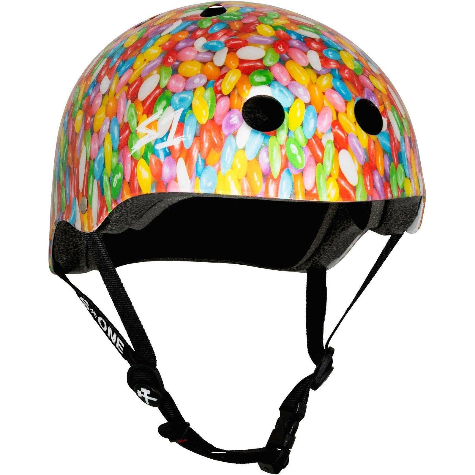 The S-One Lifer Helmet / Jelly Beans features a multicolored jelly bean pattern, black foam interior, and adjustable chin strap, offering multiple impact protection for action sports.