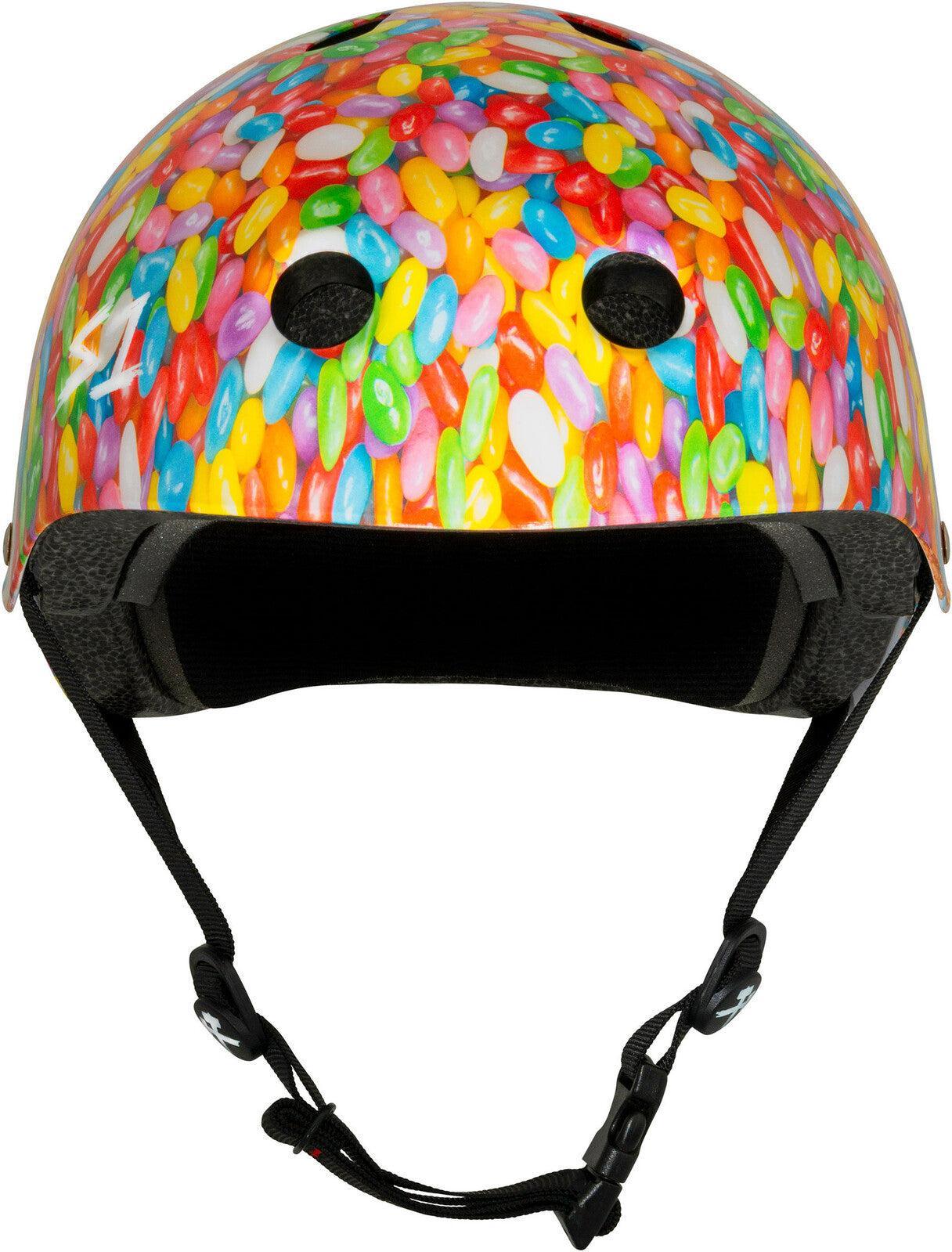 The S-One Lifer Helmet / Jelly Beans is a vibrant action sports helmet with a jelly bean design, shown front-facing with chin straps down, and provides multiple impact protection.