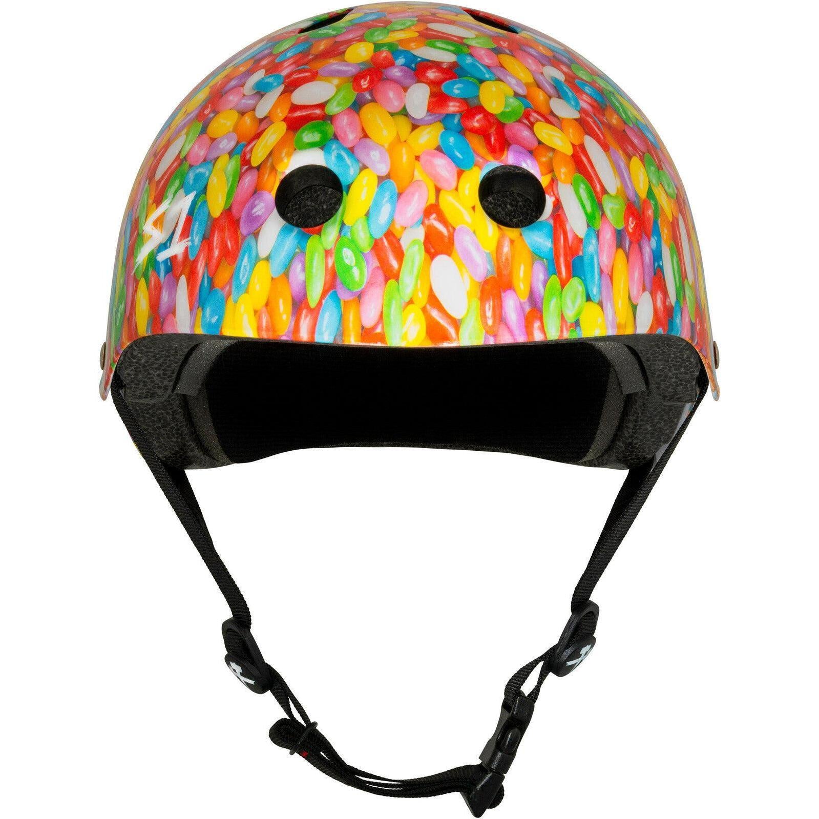 The S-One Lifer Helmet / Jelly Beans is a vibrant action sports helmet with a jelly bean design, shown front-facing with chin straps down, and provides multiple impact protection.