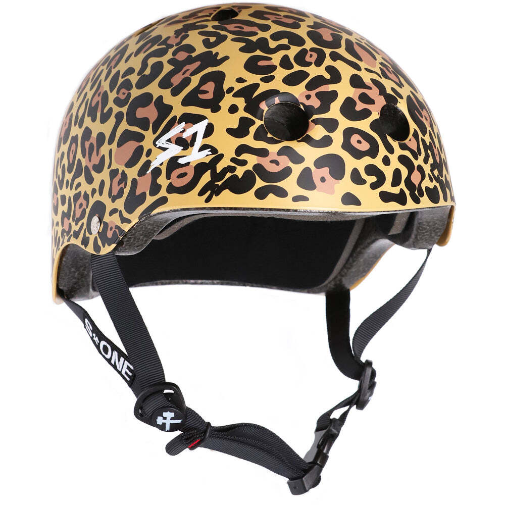 The S-One Lifer Helmet / Leopard features a bold leopard print, black straps, multiple vent holes, and multi-impact protection—making it a stylish and safe choice for skating.