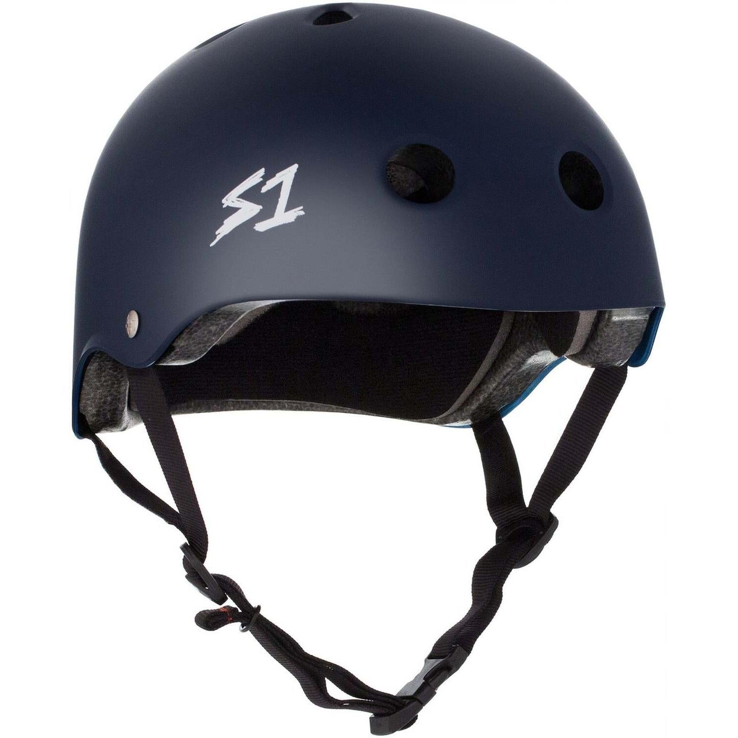 The S-One Lifer Helmet in Navy Matte features ventilation holes, certified impact protection, an "S1" logo on the side, and adjustable black chin straps—perfect for action sports.