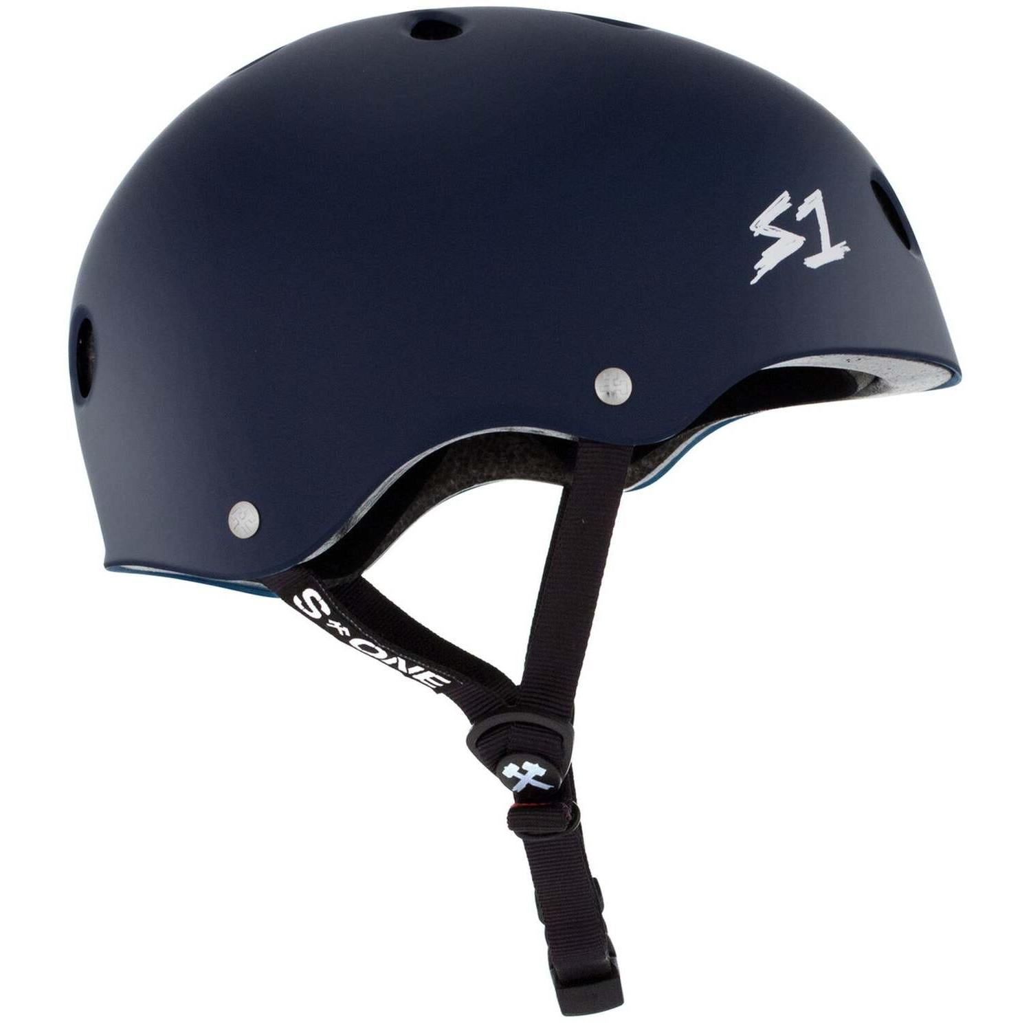 The S-One Lifer Helmet in Navy Matte is a certified skate helmet featuring a secure chin strap and "S1" logo, delivering top-tier head protection.