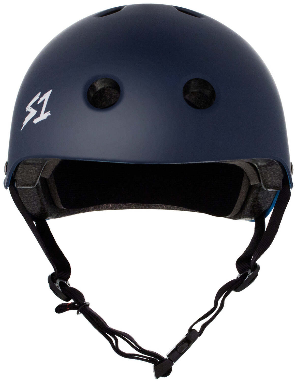 The S-One Lifer Helmet / Navy Matte is a dark blue skate helmet with ventilation holes, an adjustable chin strap, certified multi-impact protection, and a white "S1" logo on the left side.